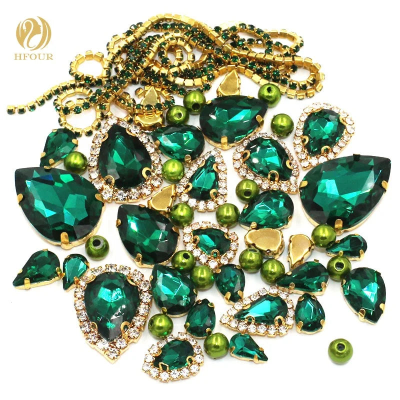 HFOUR Hot Sale 3D Mixed Pearl Cup Chain Peacock Green Crystal Rhinestones 12 Facets Glass Material Sew-On Technique Rhinestones