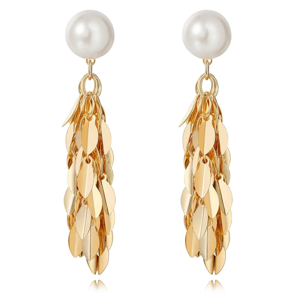 Brass Earrings Plated with 18K Gold Gray-White Pearl Feather Wheat Earring with Tassel Women's Jewelry Gift Custom Design