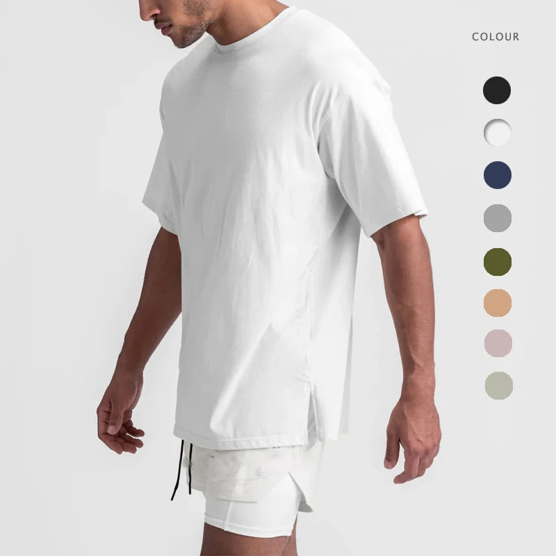 Mens Woven Cotton Sports T-Shirt Oversized Fit Short Sleeve Solid Breathable Plus Size Tees