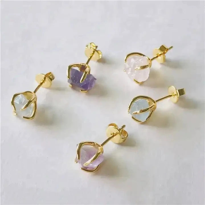 Zooying Custom Logo Women's Quartz Jewelry Gold Plated Aquamarine Stone Earrings Natural Gemstone Crystal Studs
