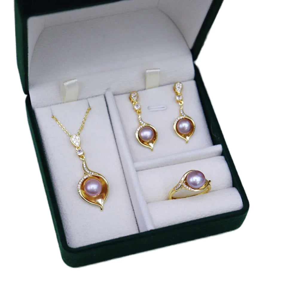 18K Gold Plated Flower Shape Cultured Fresh Water Pearl Ring Necklace Earrings Women Real Pearl Jewelry Set