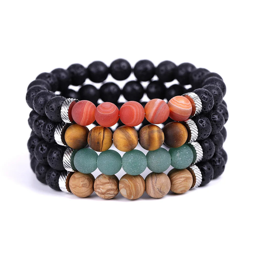 New Design Black Lava Stone Bracelet Matte Red Agate Aventurine Stone Oil Diffuser Elastic Bracelet Women Men