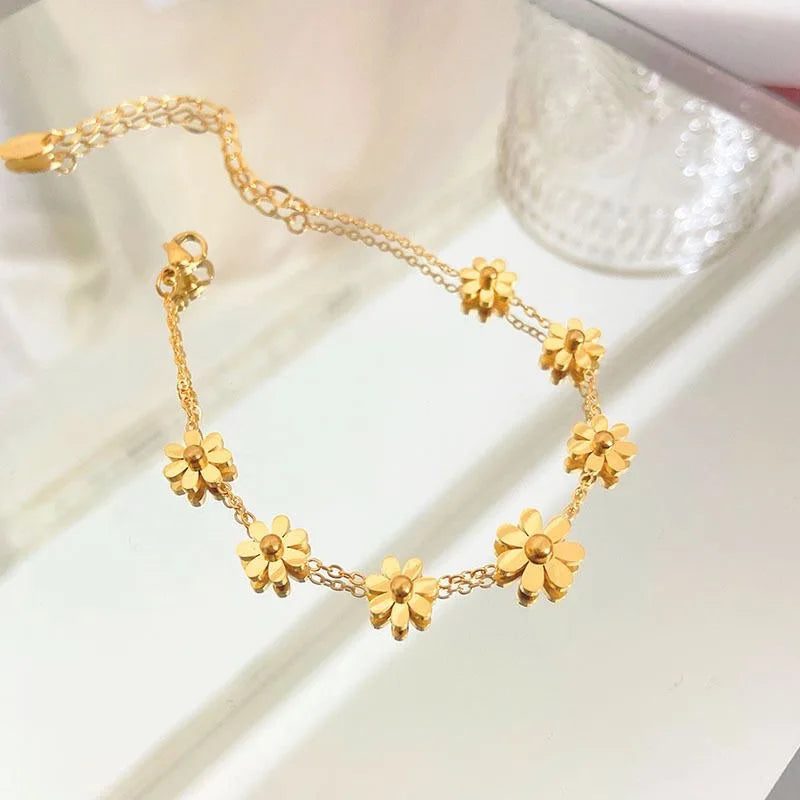 2023 New Golden Small Adjustable Anklet Japanese and Korean Women Titanium Steel Niche Seven Flower Anklet