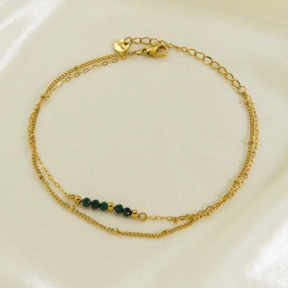 Minimalist Double Layers Cross Zircon Anklet Malachite Gemstone Anklet Stainless Steel Anklet for Women