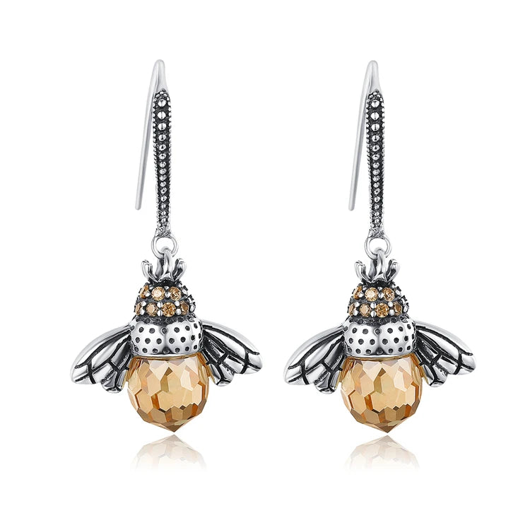 Hot Sale 925 Sterling Silver Lovely Orange Bee Animal Drop Earrings for Women Fine Jewelry Gift