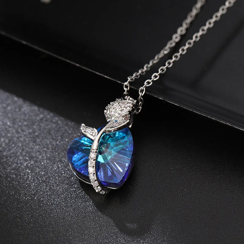 Collar De Flores Stainless Steel Diamond Rose Flower Necklace New Big Blue Crystal Heart of the Ocean Necklace