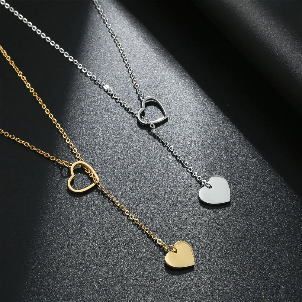 Romantic Hollow Heart Choker Necklaces for Couple 18K Gold Plated Stainless Steel Flat Top Love Heart Pendant Necklaces