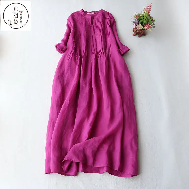 Wholesale V-neck Solid Color Fashion Cotton Casual Three-quarter Sleeves Summer New 2026 Korean Style Women's Dress