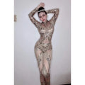 Ocstrade Para Mujer Performance Jumpsuit Long Sleeve Sparkly Crystal Sequin Tassel Cut Out Mesh Performance Jumpsuit
