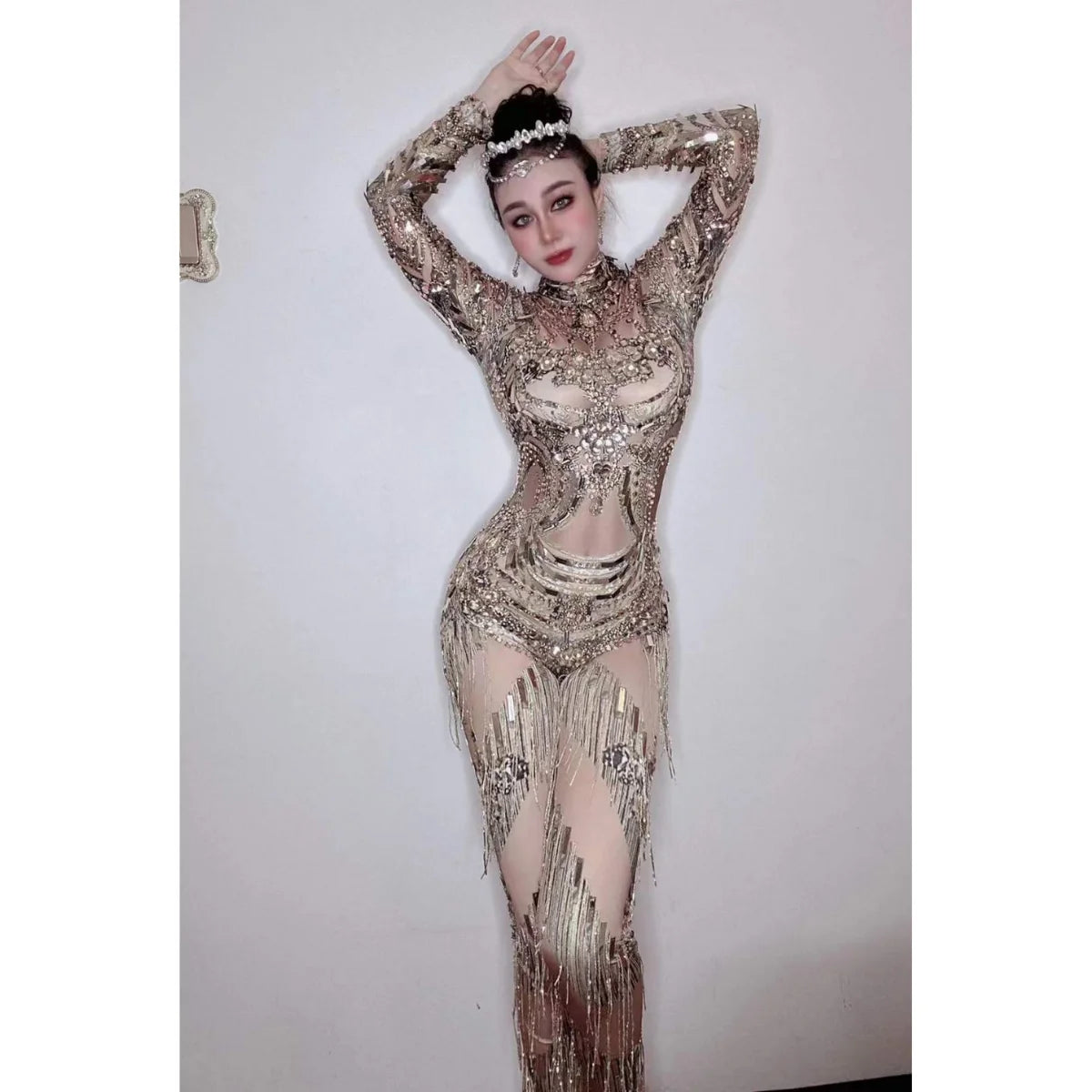 Ocstrade Para Mujer Performance Jumpsuit Long Sleeve Sparkly Crystal Sequin Tassel Cut Out Mesh Performance Jumpsuit