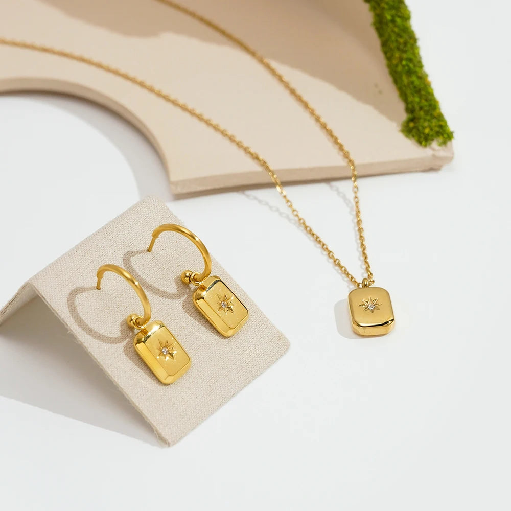18K Gold Plated Stainless Steel Square Eight Pointed Star Zircon Necklace Earrings Waterproof for Woman Jewelry Set E211333