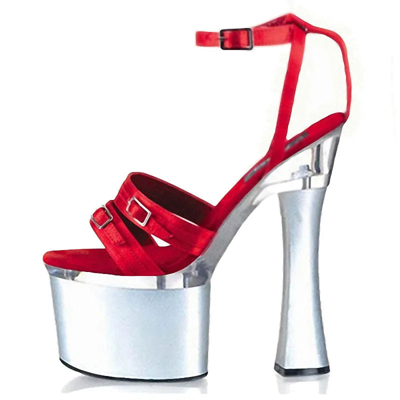 New Ultra-High 18 cm Red Queen Elegant High Heels Sandals with Thick Heel and Ankle Strap for Summer Pole Dance Banquets