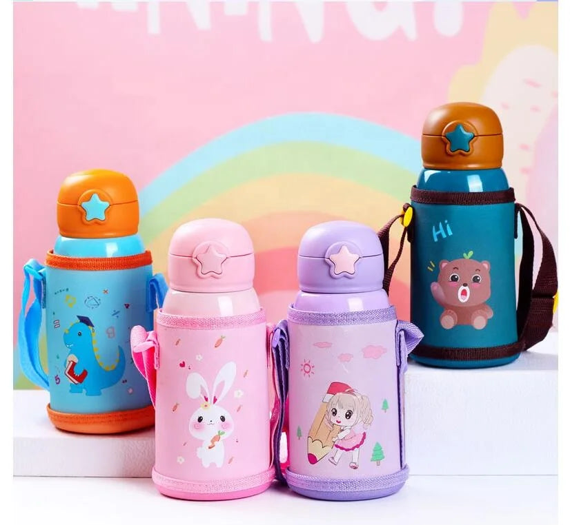 Back to School 600ml Kid Stainless Steel Drinking Cartoon Hot Water Bottle with Straw  Insulated Water Bottle with Cup Lid