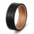 POYA Whiskey Barrel Man Rings Authentic Whiskey Barrel Oak Wood Band 8mm Black Tungsten Hammered Ring