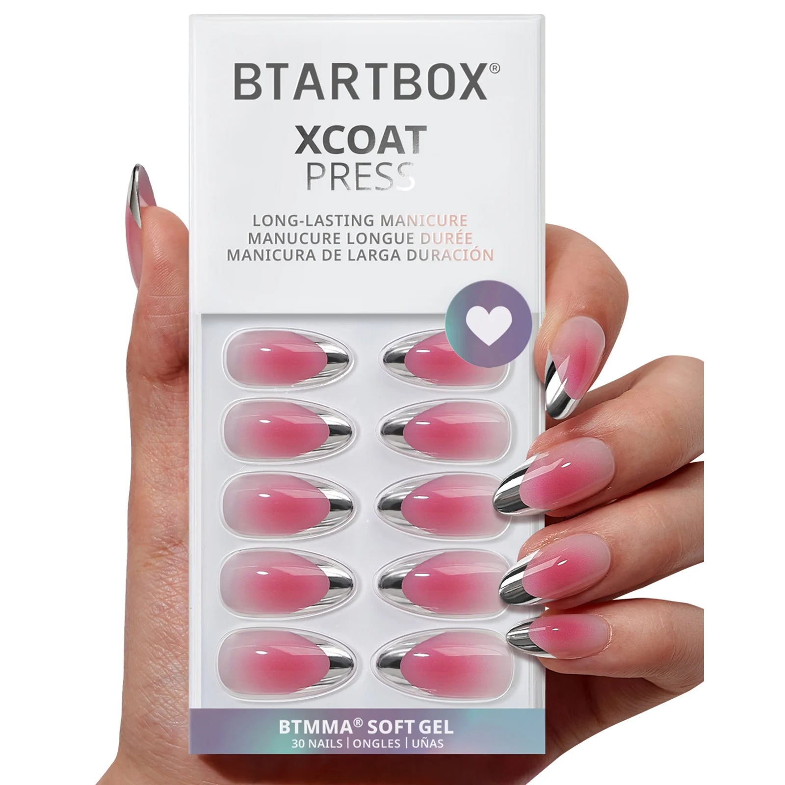 BTARTBOX Medium Almond Luxury False Fake Nails 30pcs Wholesale Pink Ombre French Tip XCOAT Soft Gel Press on Nails En Gel