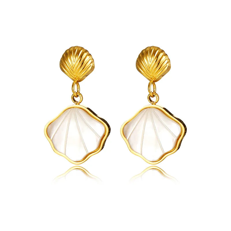 Fashion New Ocean Fan-shaped White Shell Stainless Steel Plated 18K Gold Pendant Earrings for Women Party