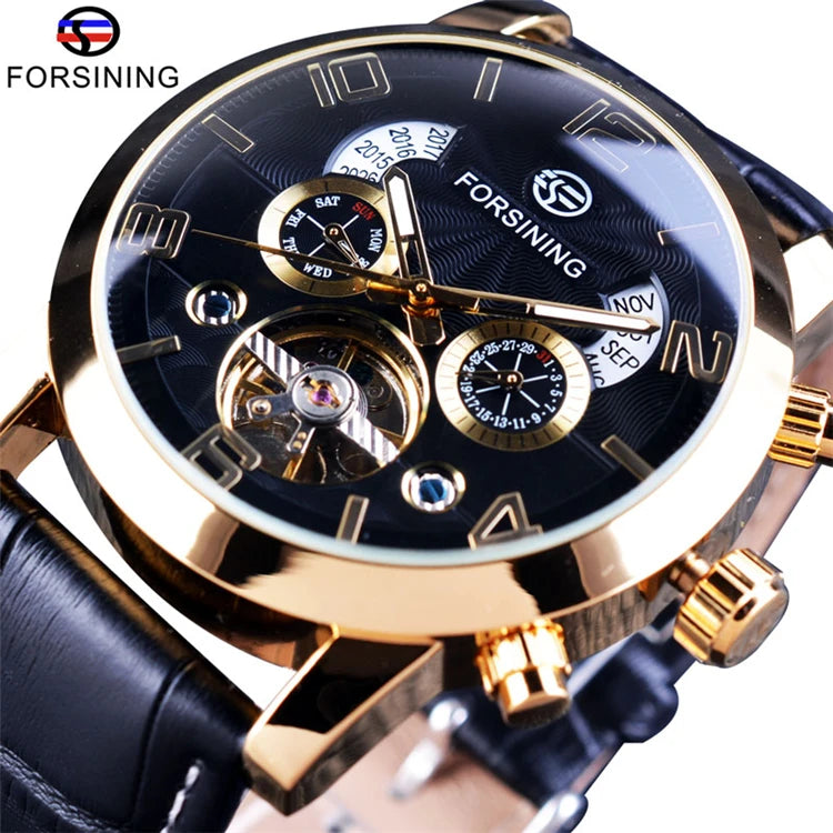 Forsining GMT373 Top Brand Luxury Tourbillion Fashion Wave Clock Multi Function Display Mens Automatic Mechanical Watches