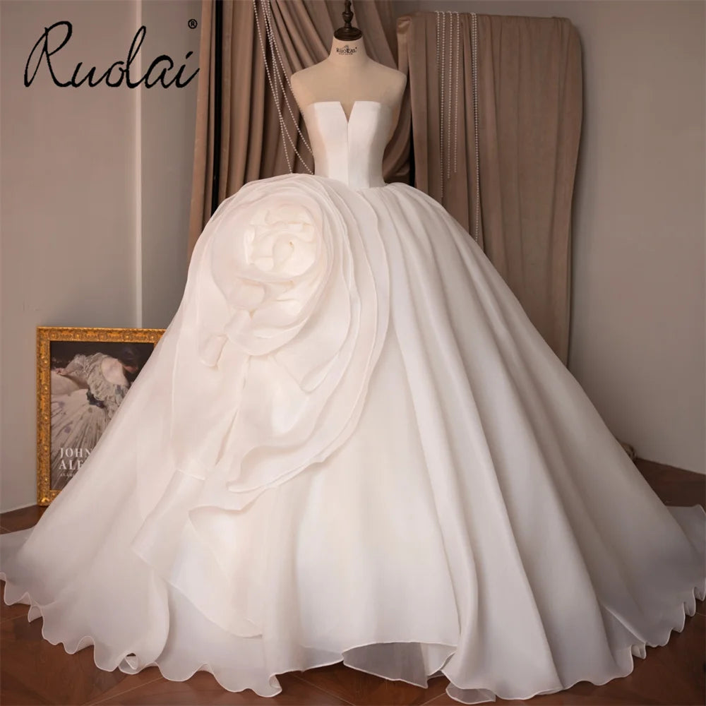 Ruolai ZD05211 Strapless 3d Organza Flowers Bridal Princess Puffy Ball Gown Wedding Dresses