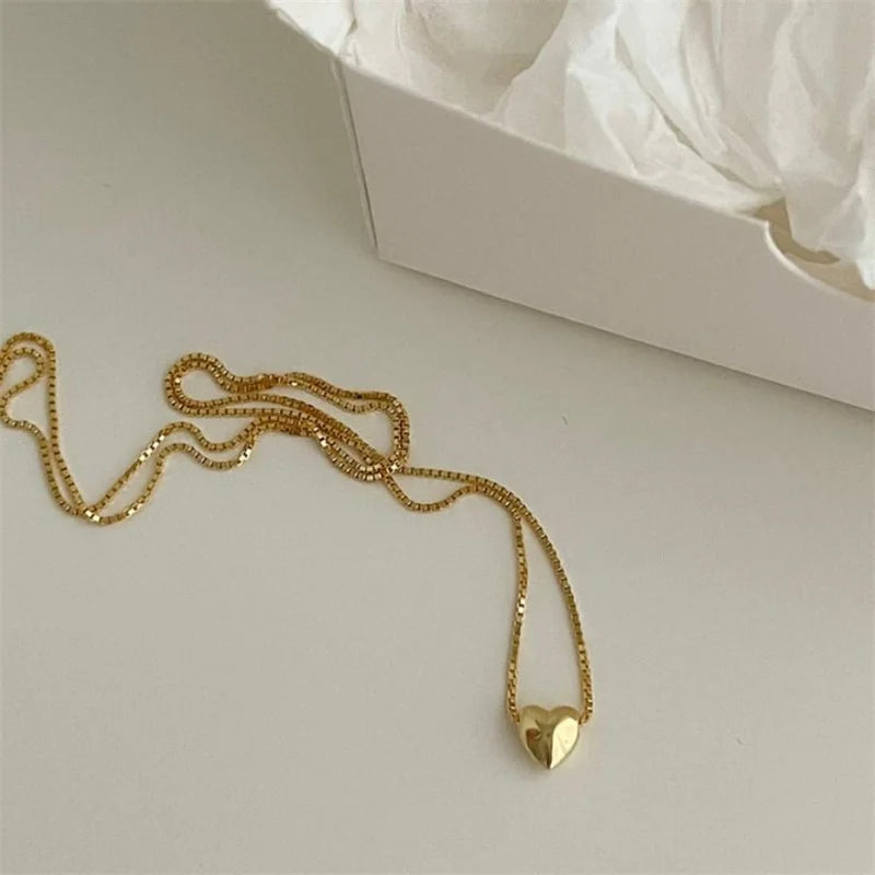 Minimalist Design Box Chain 18k Gold 925 Sterling Silver Heart Pendant Necklace Gift for Her