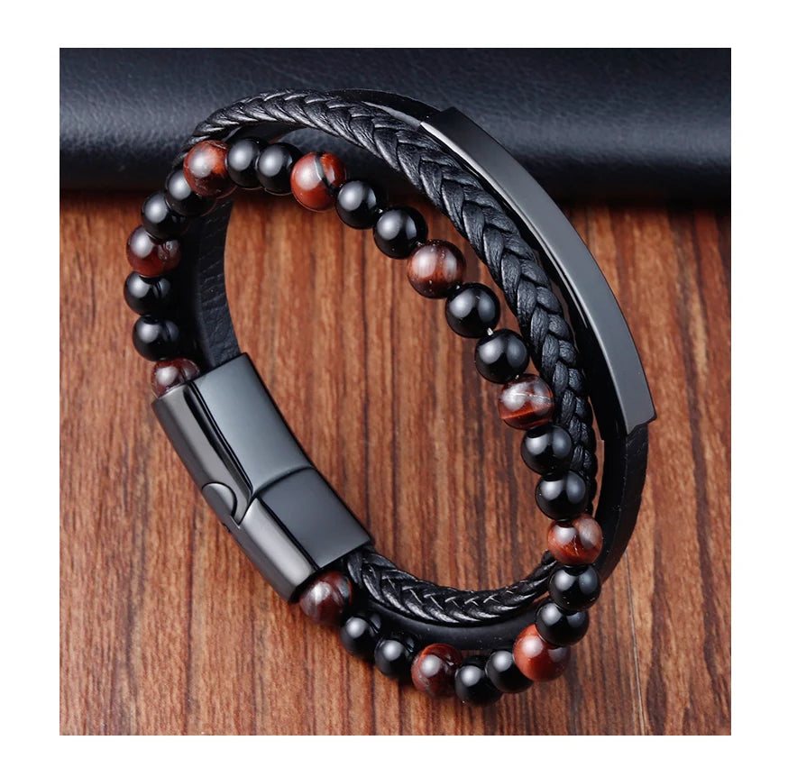 Natural Lava Stone Beaded Genuine Leather Bracelet Tiger Eye Black Leather Bracelet With Stainless Steel Magnetic Clasp Custom