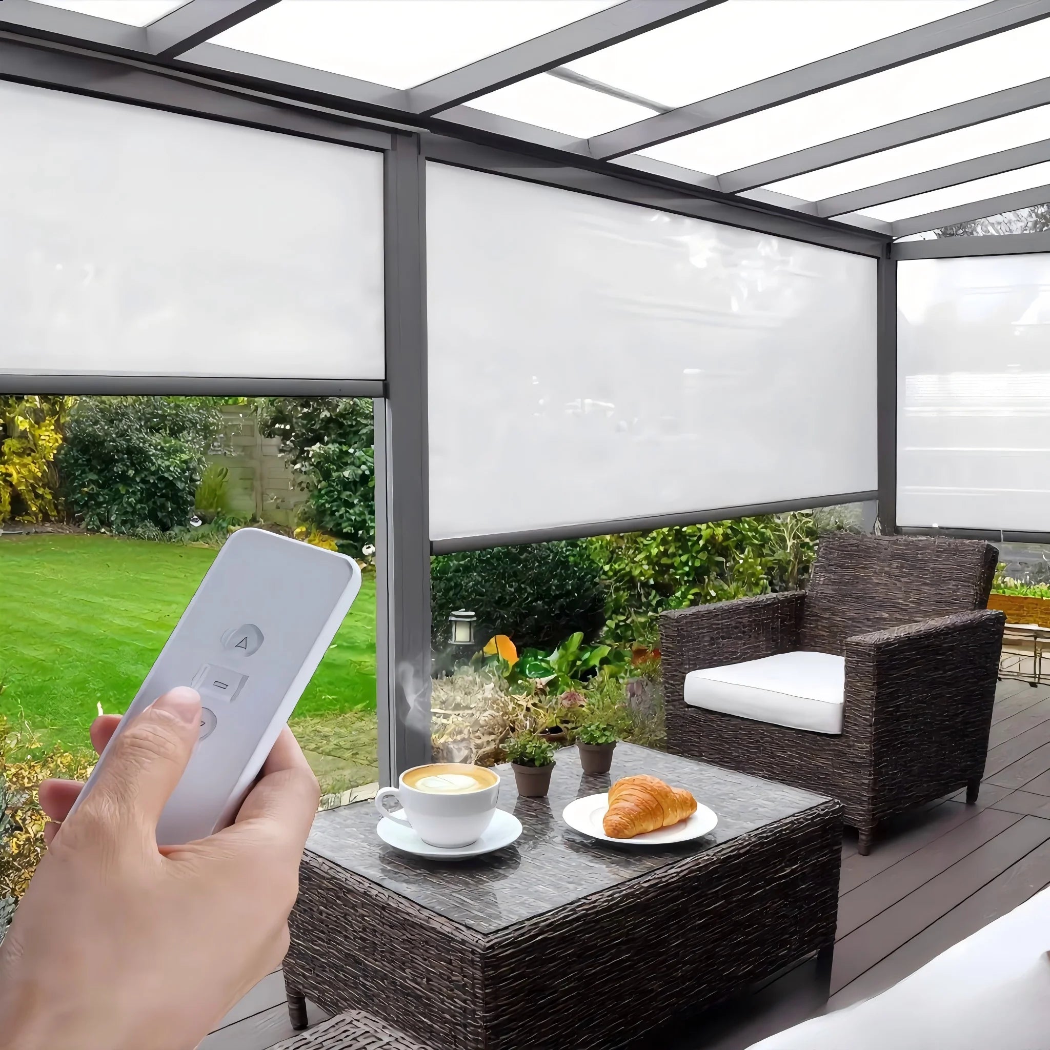 Modern Electric Motorized Roller Blinds Outdoor Windproof Waterproof Window Shades Balcony Pergola Vertical Built-in Tuya Plain