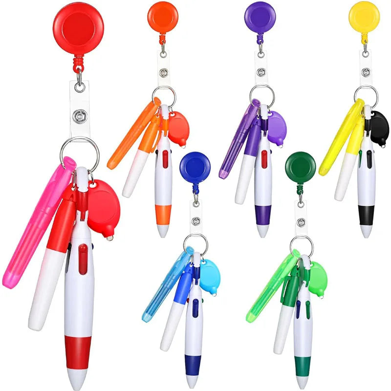 Factory Custom 4 in 1 Plastic Retractable Highlighter Badge Reel Pen Keychain for Nurse Badge Holder