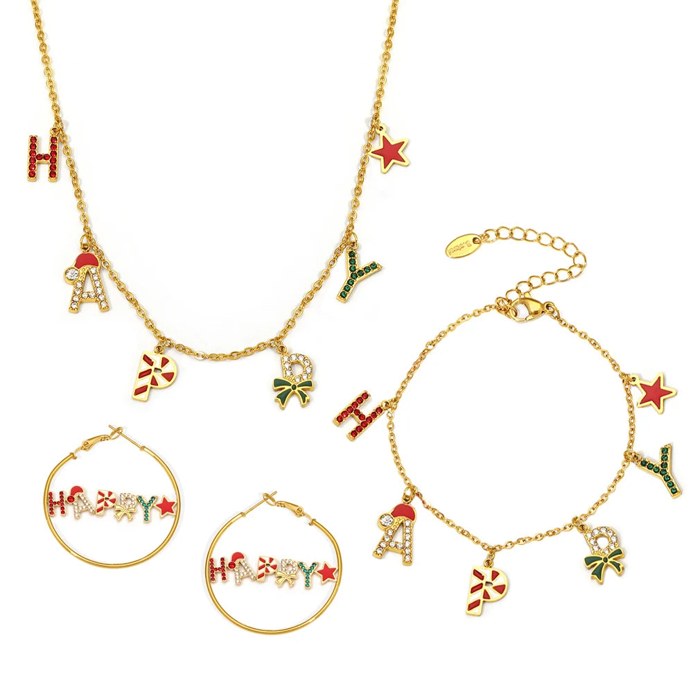 Ins Christmas Jewelry Enamel Enamel Inset Zircon HAPPY Letter Necklace Bracelet Earrings Set