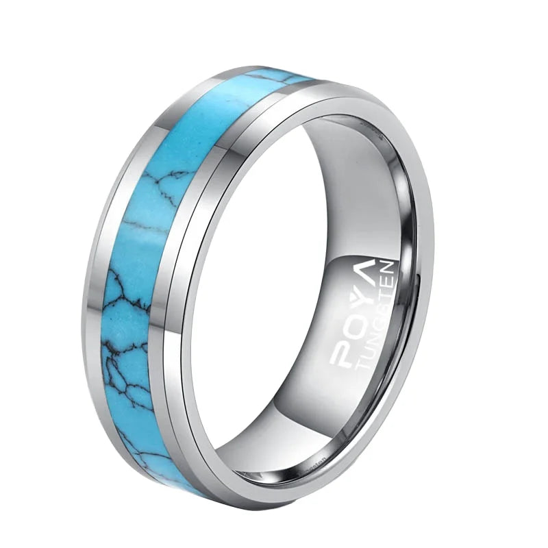 POYA 8MM Mens Silver Tungsten Ring and Turquoise Inlay Beveled Edge Wedding Band
