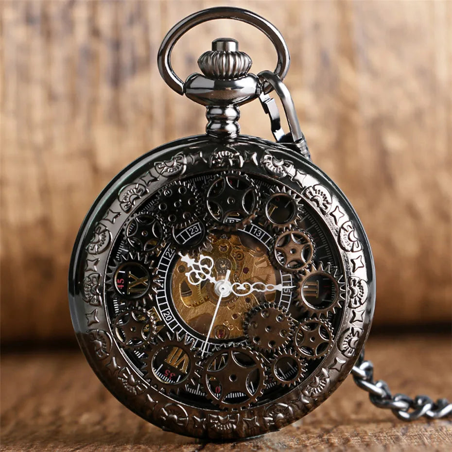 Vintage Mechanical Pocket Watch Gear Wheel Half Hunter Pendant Clock Roman Numerals Retro Watch Hand Winding Reloj De Bolsillo