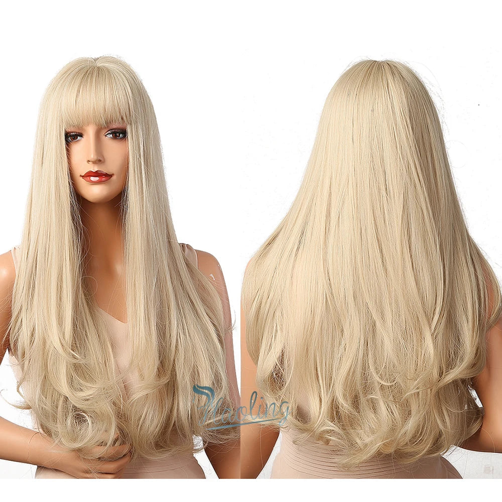 HAOLING OEM/ODM Premium Synthetic Wigs Long Natural Wavy Platinum Blonde Wigs with Bangs Synthetic Wigs for Women