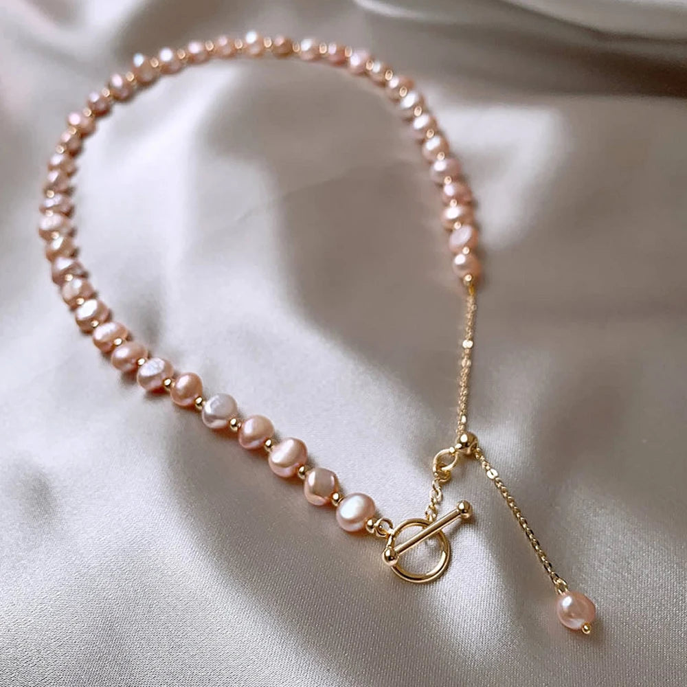 Simple Jewelry Fresh Water Pearl Zircon Butterfly Bracelet Titanium Steel Baroque Fresh Water Powder Pearl Adjustable Necklace