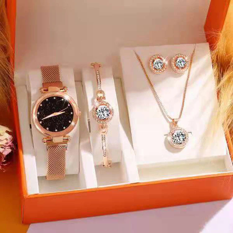 K092 New Fashion Ladies Luxury Bracelet Stud Earring Necklace Ring Dubai Gold Watch Casual Quartz Wristwatch Set Jewelry Sets