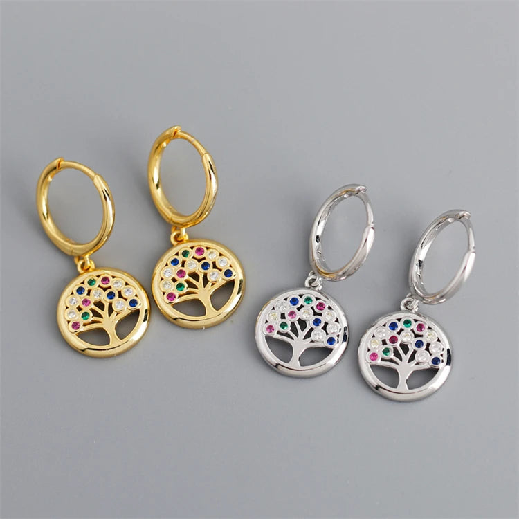 New Trendy Family Tree 18k Gold 925 Sterling Silver Hoop Earrings for Women