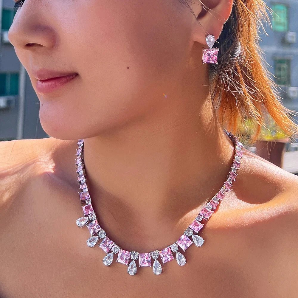 Romantic Pink and White Cubic Zircon Silver Plated Necklace Earring Women Wedding Jewelry Set for Engagement Jewellery Accessory
