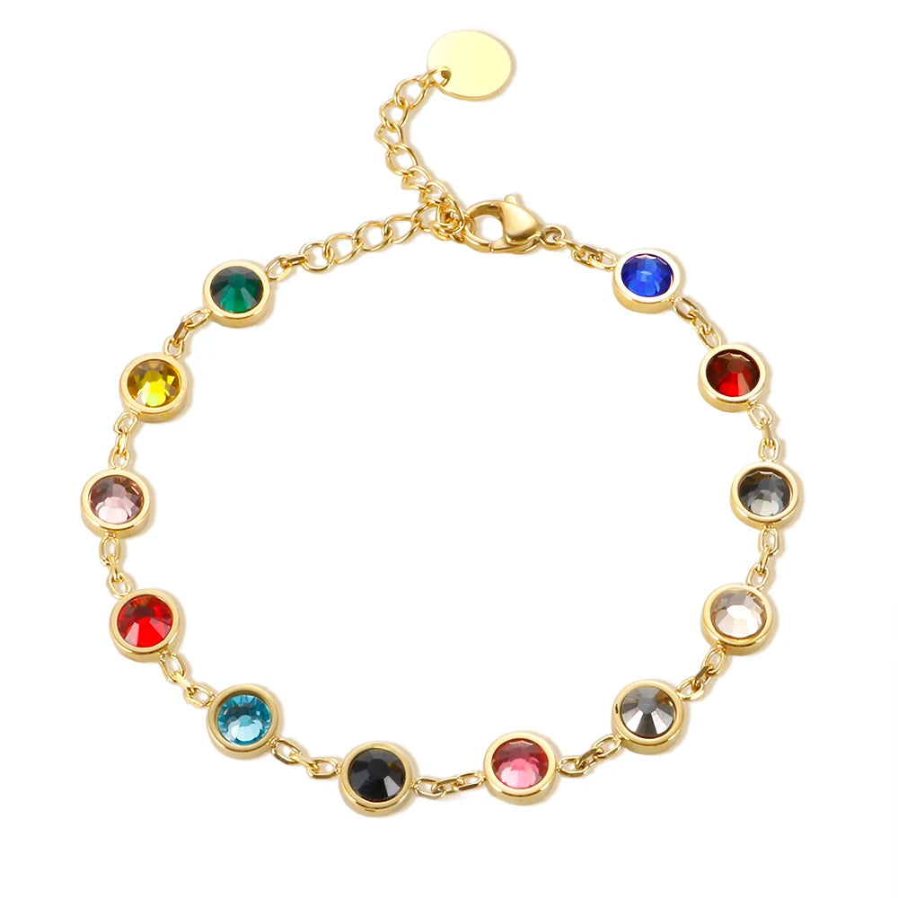 Trendy  Stainless Steel Gold Plated 12 Birthstones Rainbow Colorful Crystal Chain Bracelets for Women Jewelry