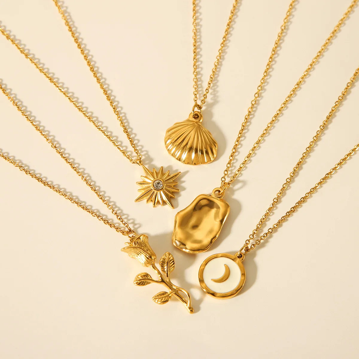 Trendy Style Jewelry 18K Gold Plated Geometric Rose Moon Star Shell Pendant Stainless Steel Necklace Set