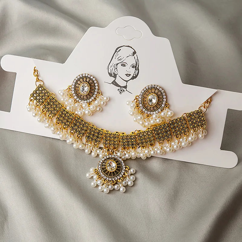 Fashion Traditional Wedding Jewelry Indian Bridal Style Beads Metal Jhumka Bollywood Jewellery Set Choker Necklace