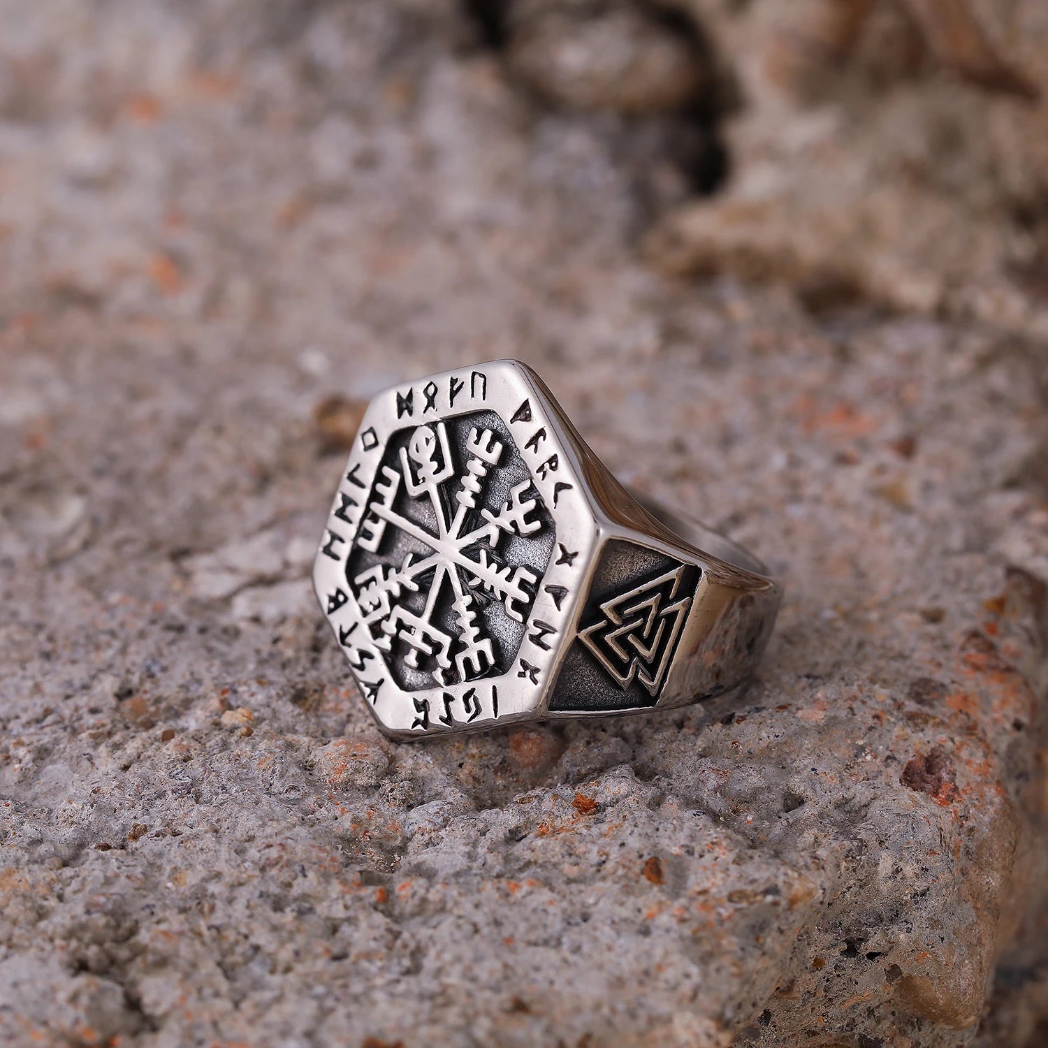 Never Fade Stainless Steel Viking Compass Runic Statement Rings Men Vintage Color Nordic Viking Odin Men Rings Jewelry