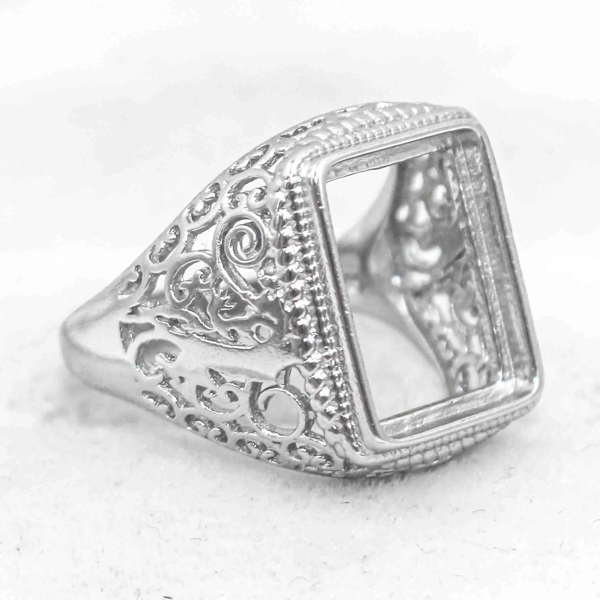 Sterling Silver 12*15mm Semi Mount Men's Ring Frame Empty Blank Bar Bezel Setting S925 Base Without Center Stone for DIY Inlay