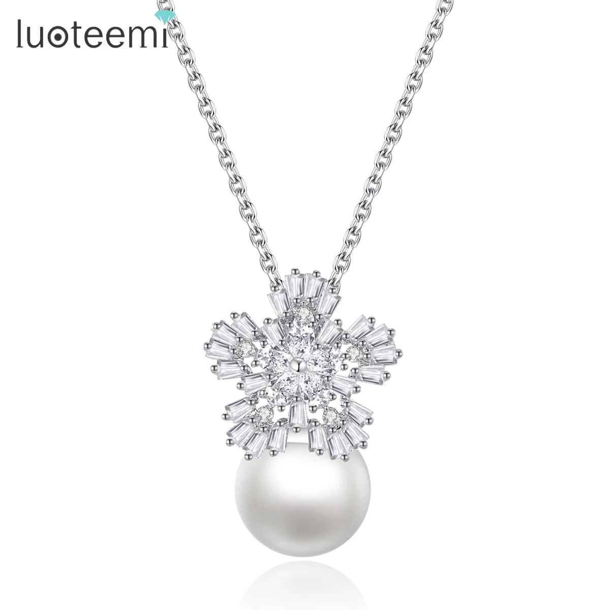 LUOTEEMI Hot Sale Elegant Created Sea Shell Pearl With CZ Snowflake Flower Pendant Necklace
