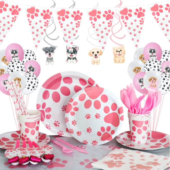 Pet Dog Birthday Party Disposable Dinnerware Set Dog Paw Paper Plates Cups Napkins Straws Balloons Hanging Flags Swirls Supplies