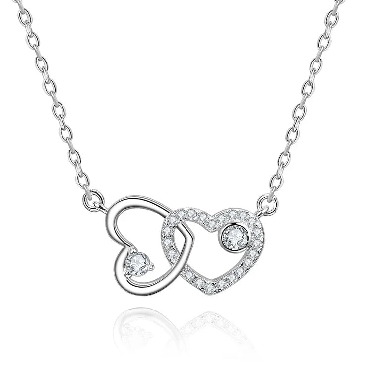 New Style Luxury 925 Sterling Silver Rhodium Plated Necklaces Beautiful Double Heart Girl Necklace