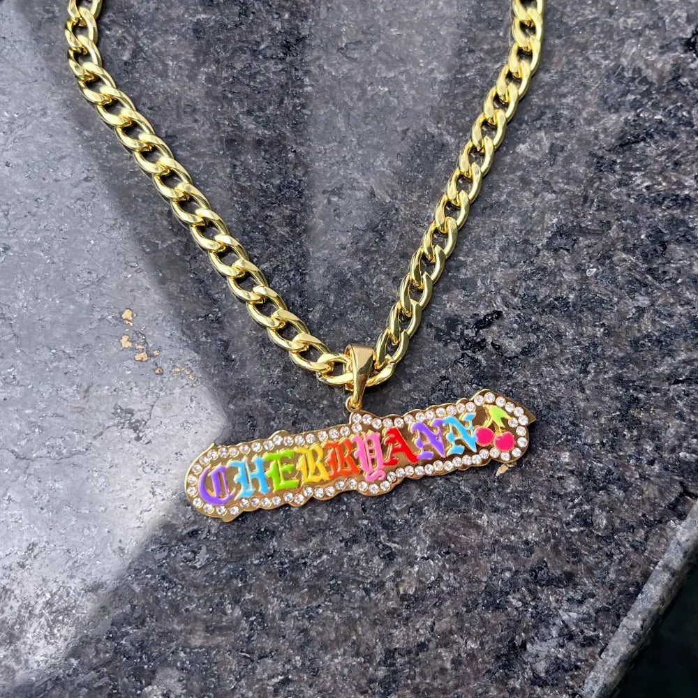 QIUHAN Personalized Colorful Enamel Name Necklace With Cherry Custom Nameplate Necklace
