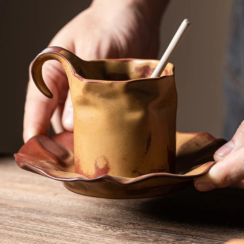 Japanese Style 150ML Handmade Ceramic Coffee Cup and Saucer Set Vintage Afternoon Tea Milk Drip Mug Office Restaurant Drinkware