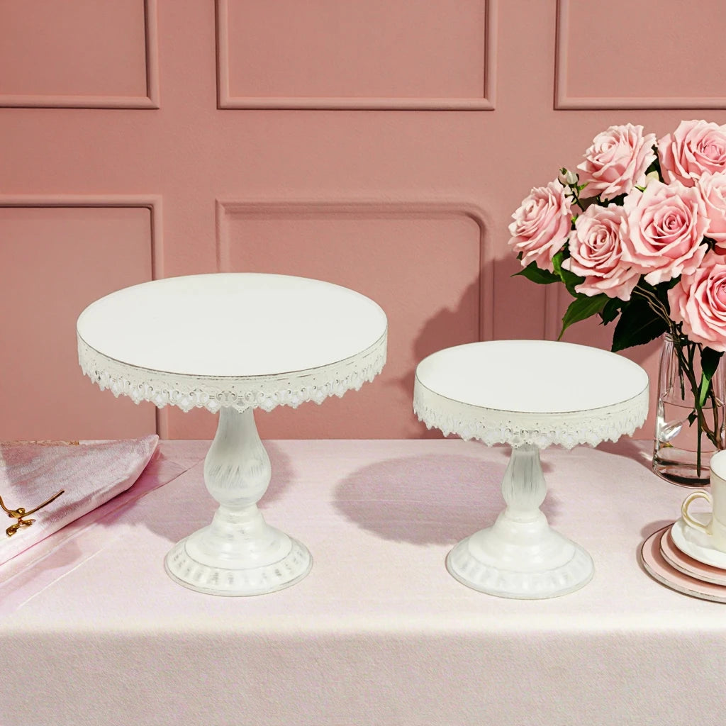 Farmhouse Decor Handmade Luxury Set Of2 Rustic Round White Metal Tray Cake Stand With Wood Base Iron Cake Display Stand Tray