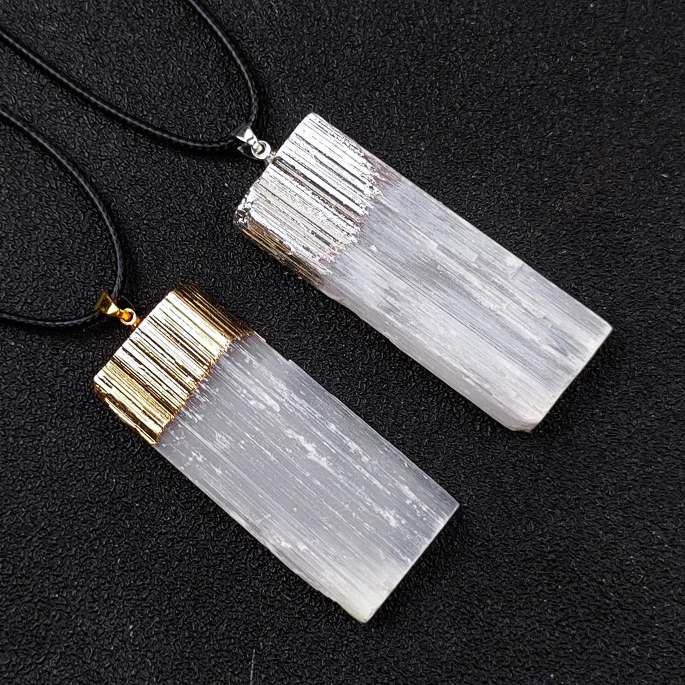 Natural Stone Gypsum Mineral Healing Crystal Selenite Wand Necklace Jewelry