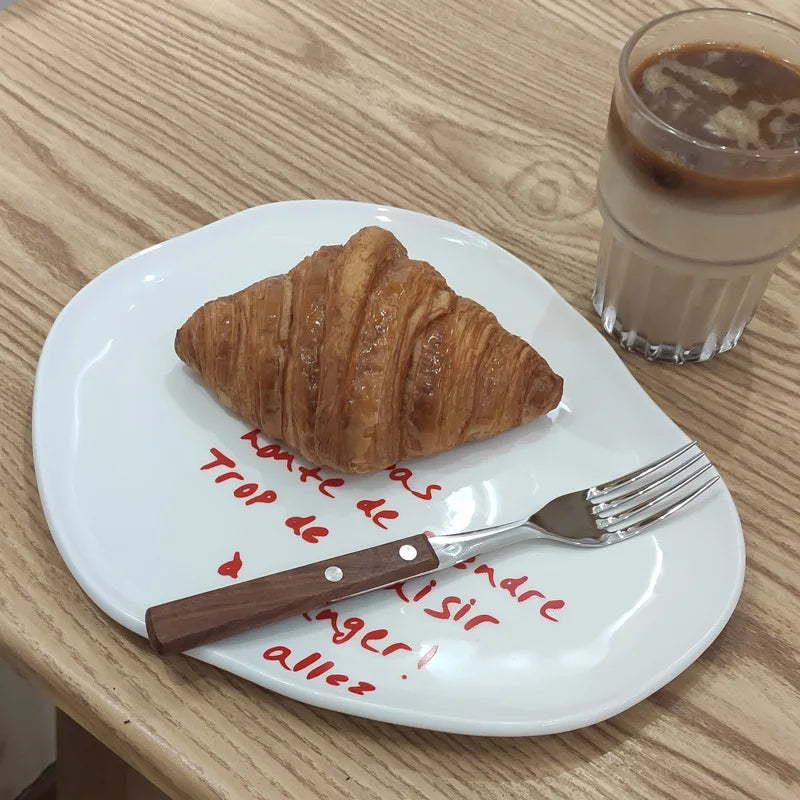 Ins Popular Creative French Letter Irregular Ceramic Plate Hot Selling Ceramic Dessert Cake Plate