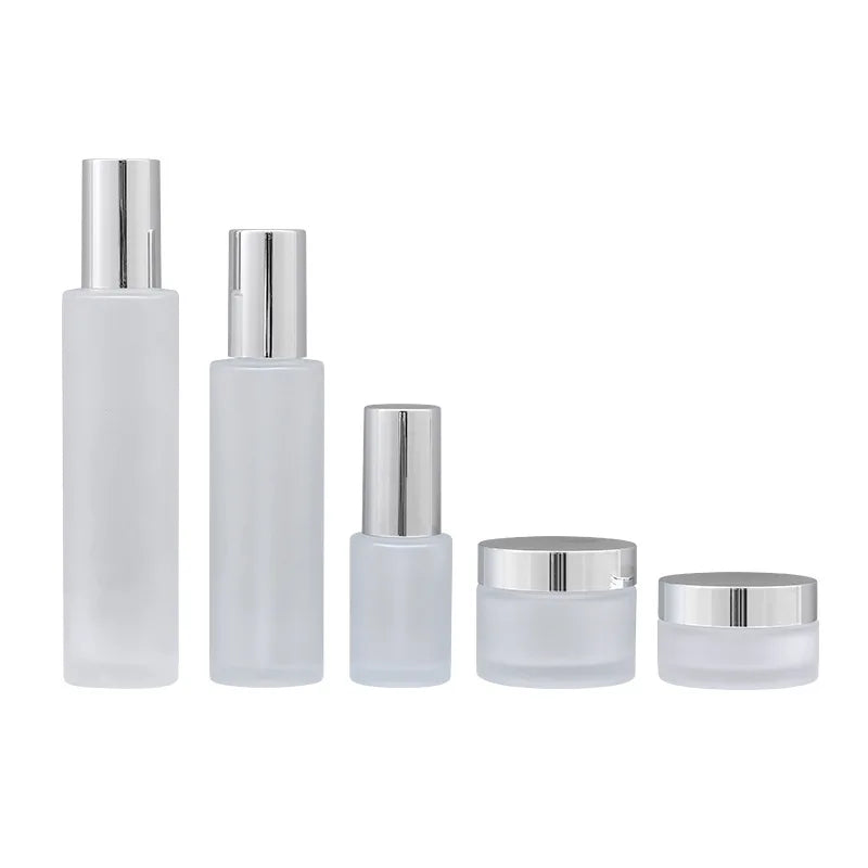 Custom logo Frosted Glass Bottle with Silver Cap 30g Jar 50g Jar 30ml 100ml 120ml Toner Bottle Cosmetic Package Container MegaBDM