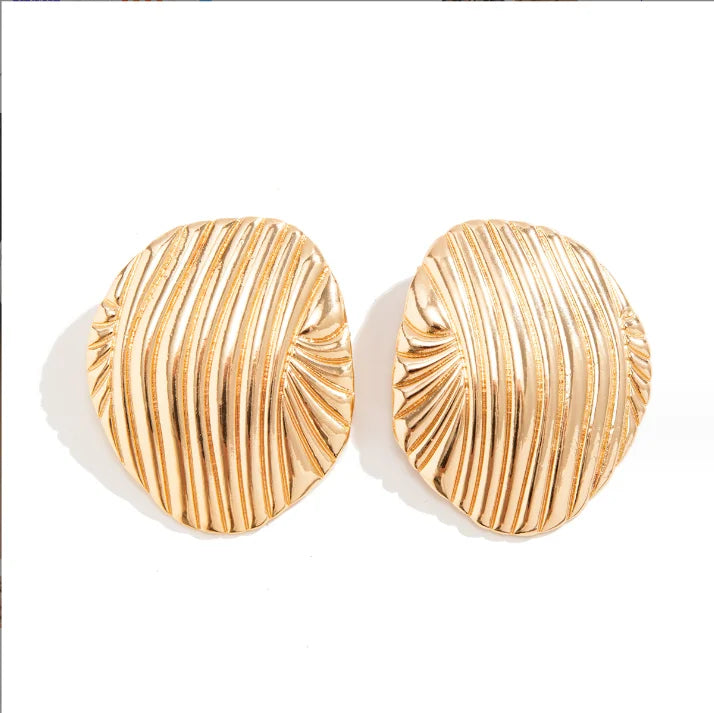 Women's Gothic Geometric Stud Earrings Gold Plated Metal Shell with Stripes Big Heavy Fashion Statement Jewelry