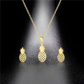 Trendy Fashion Stainless Steel Gold Plated Hollow Out Pineapple Pendant Necklace and Earrings Jewelry Set for Women